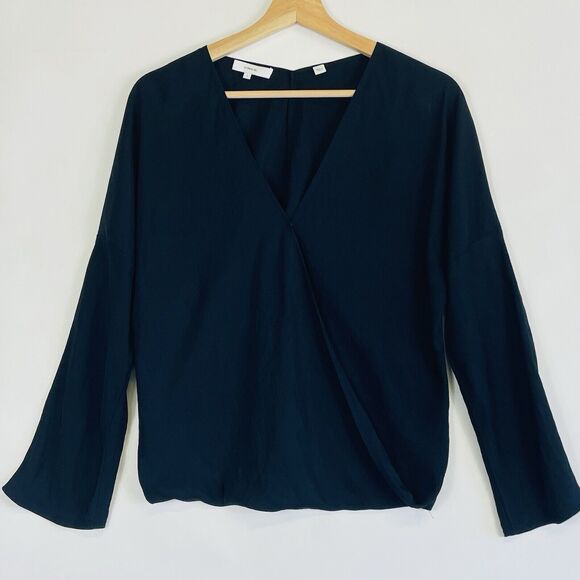 Vince Black Triacetate Satin Crop Long Sleeve Cross Front Top Shirt Womens Small - Picture 1 of 13